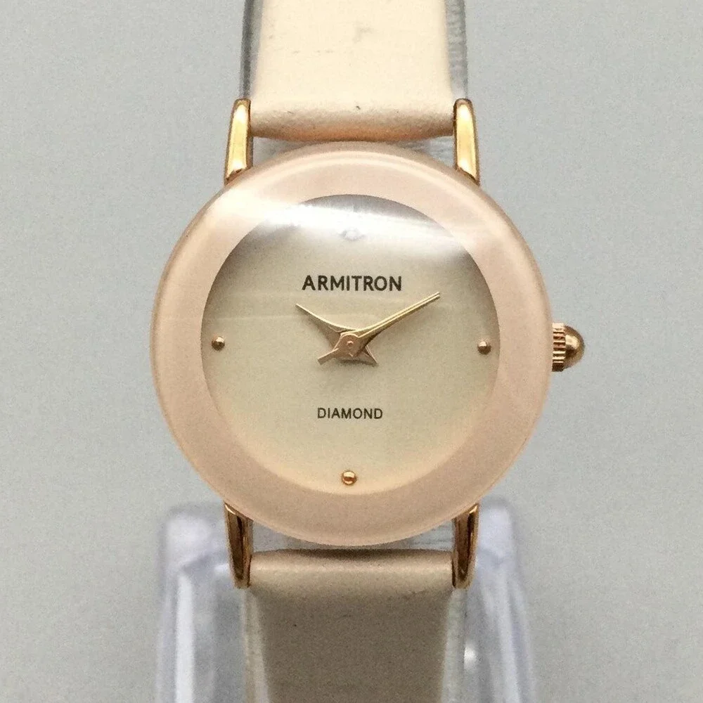 Armitron Diamond Womens Watch 24mm Gold Tone Beige Leather Band New Battery